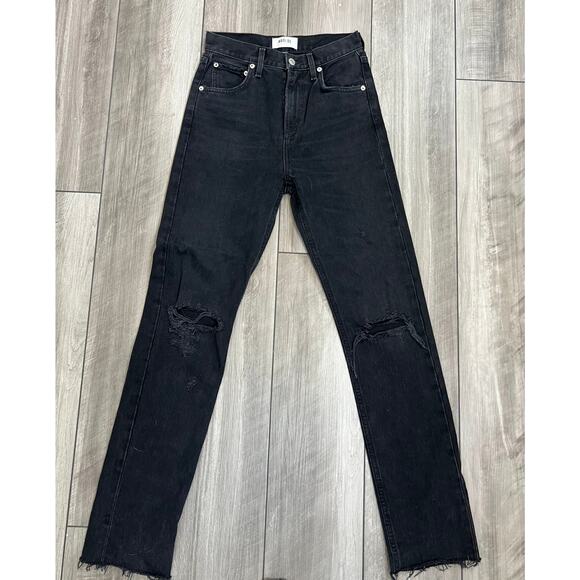 AGOLDE Cherie High Rise Straight Jeans in Black Size 23 Denim Distressed Raw Hem